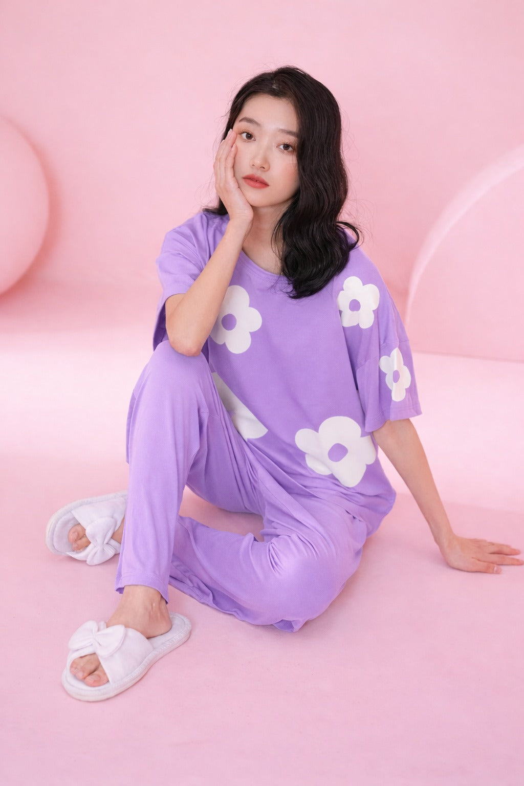 (NEW ) Lilac All over BIG White flower night suit For her (RX-411)