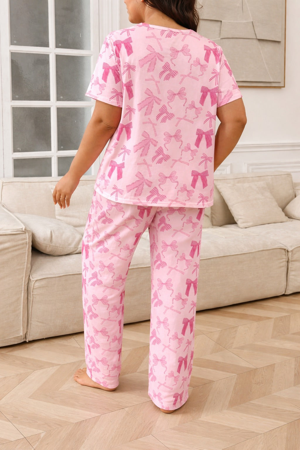 Pink All over Bow Half Sleeves Printed Night suit For her (RX-417)