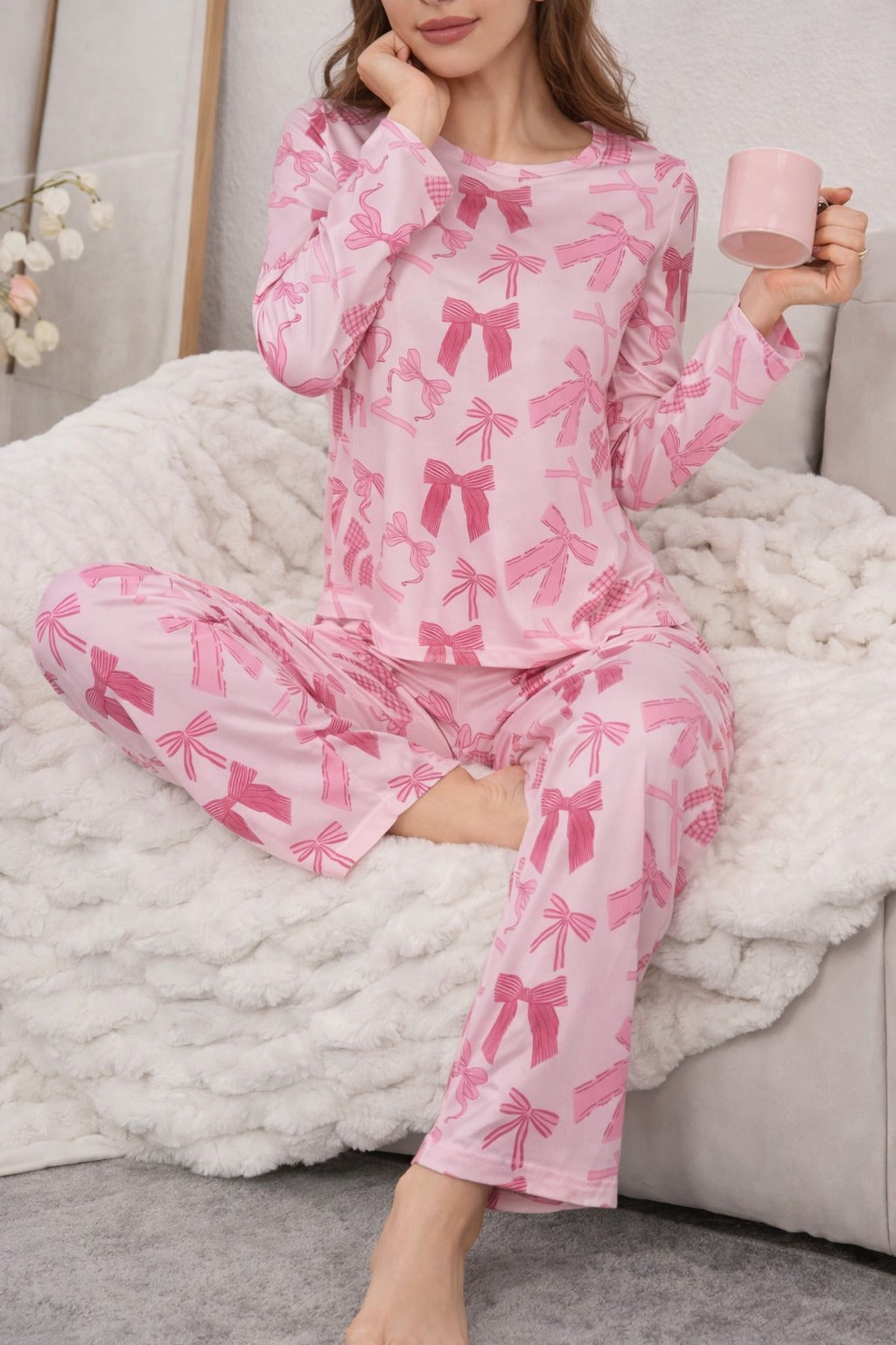 Pink All over Bow Full Sleeves Printed Night suit For her (RX-418)
