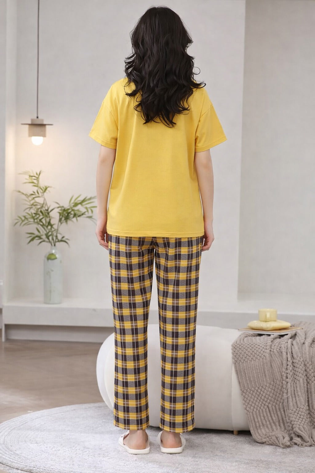 Yellow Cute Duck Printed half sleeves t shirt with check pajama night suit for her (RX-426)
