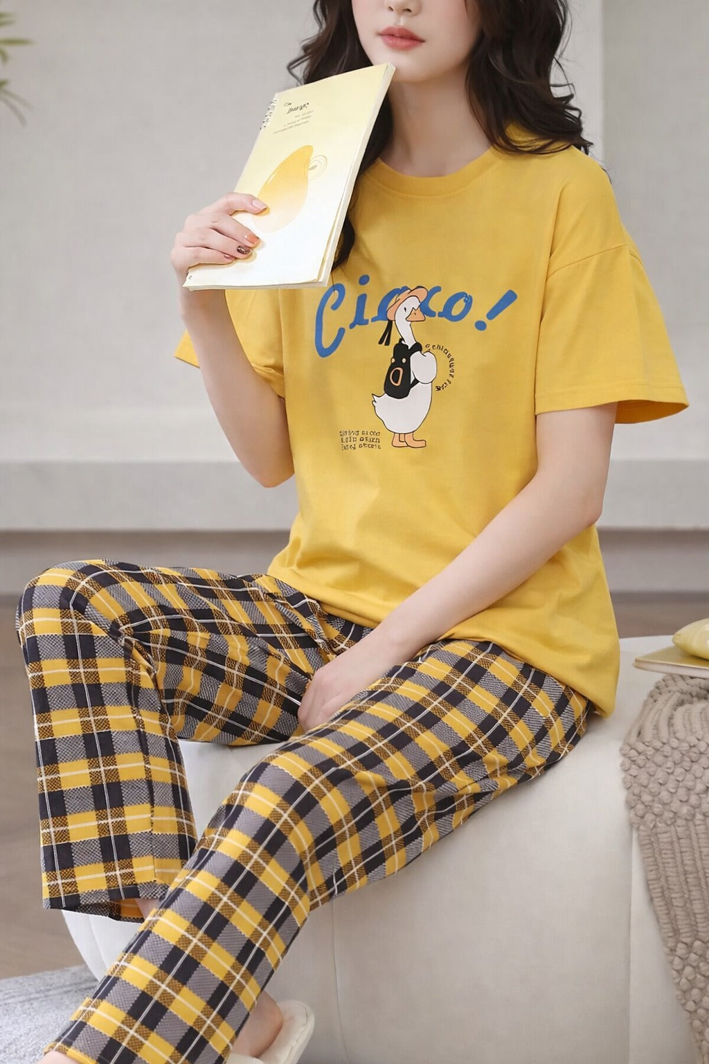 Yellow Cute Duck Printed half sleeves t shirt with check pajama night suit for her (RX-426)