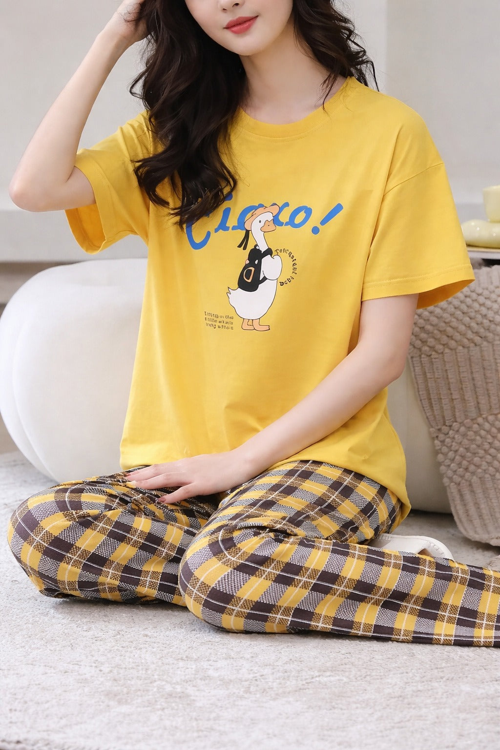 Yellow Cute Duck Printed half sleeves t shirt with check pajama night suit for her (RX-426)