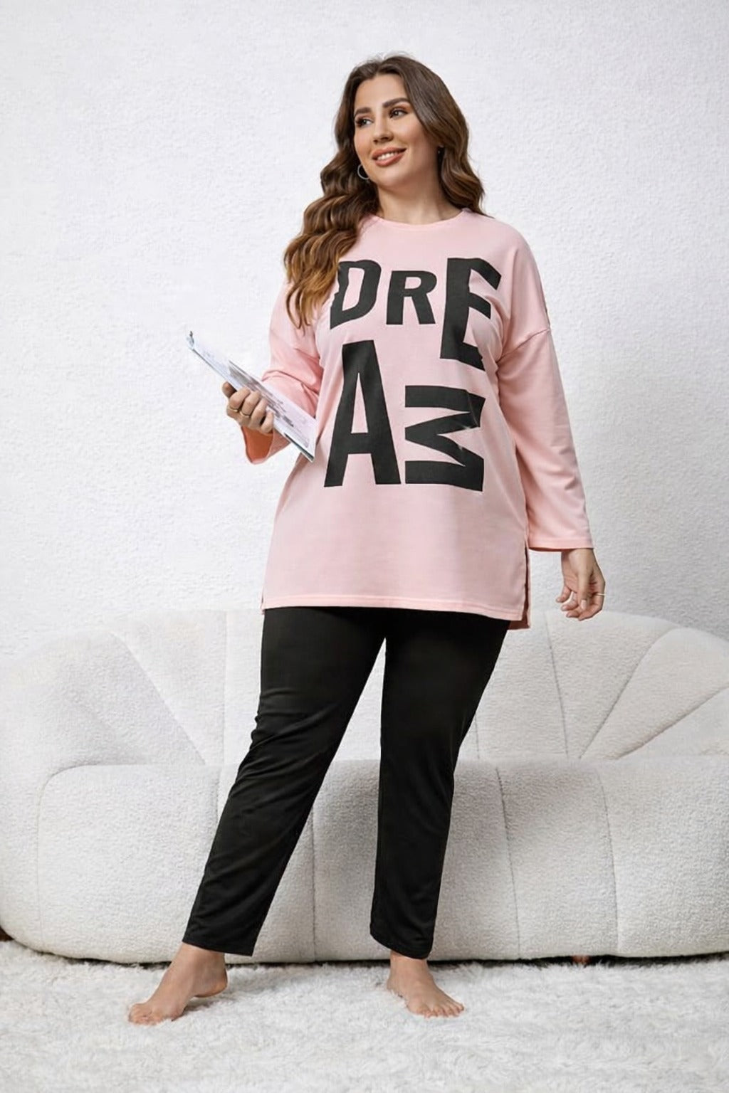 Pink Dreams long Shirt with black trouser night suit For her (RX-424)