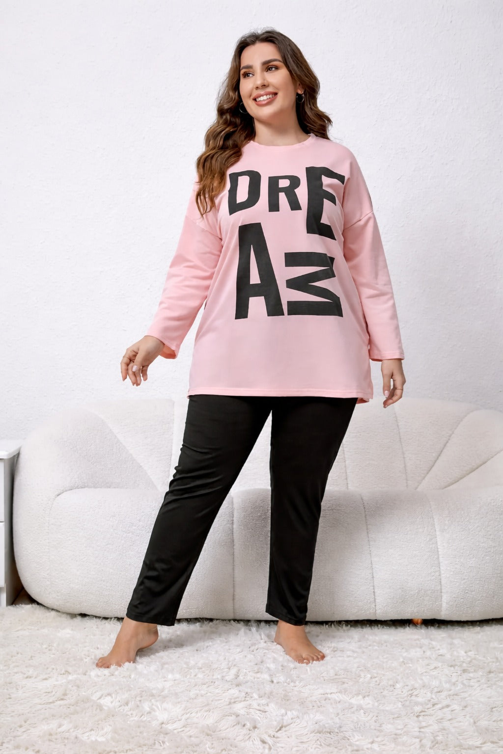 Pink Dreams long Shirt with black trouser night suit For her (RX-424)