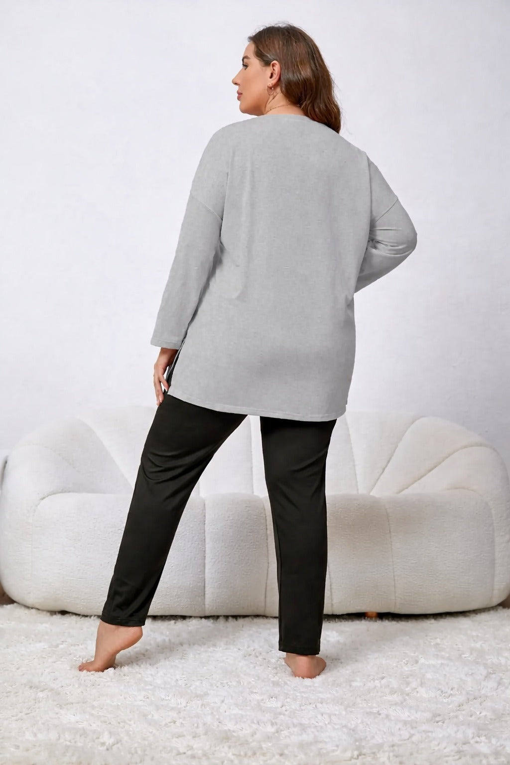 Grey Dreams long Shirt with black trouser night suit For her (RX-425)