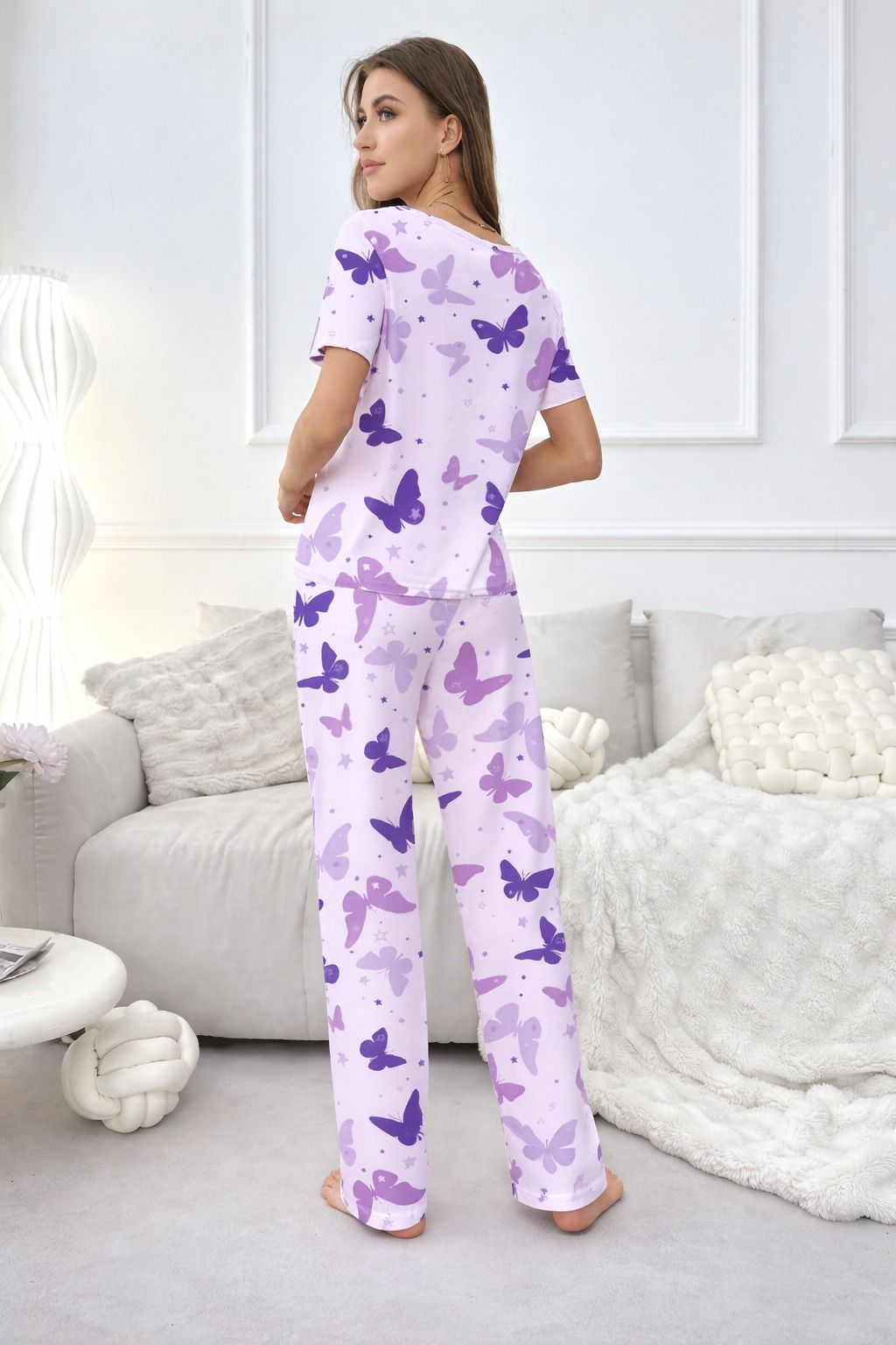 Purple All Over Butterflies Printed half sleeves night suit for her (RX-432)