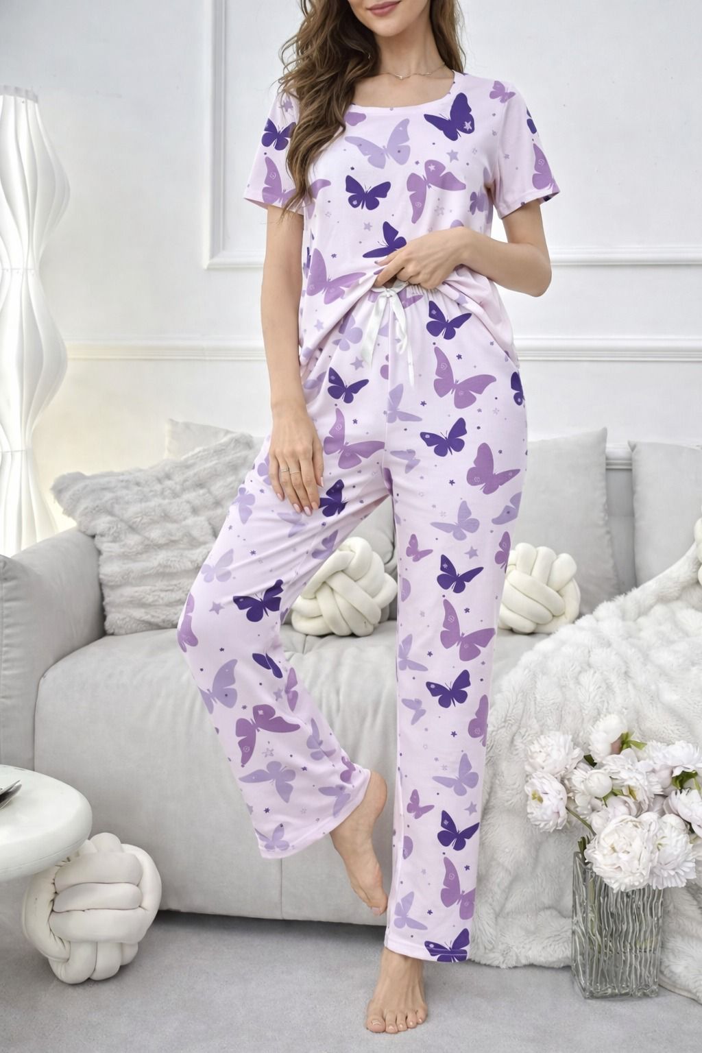 Purple All Over Butterflies Printed half sleeves night suit for her (RX-432)