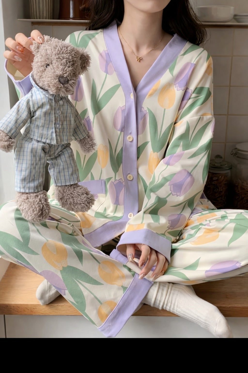 White with Flowers printed Front button Style night suit For her (RX-446)