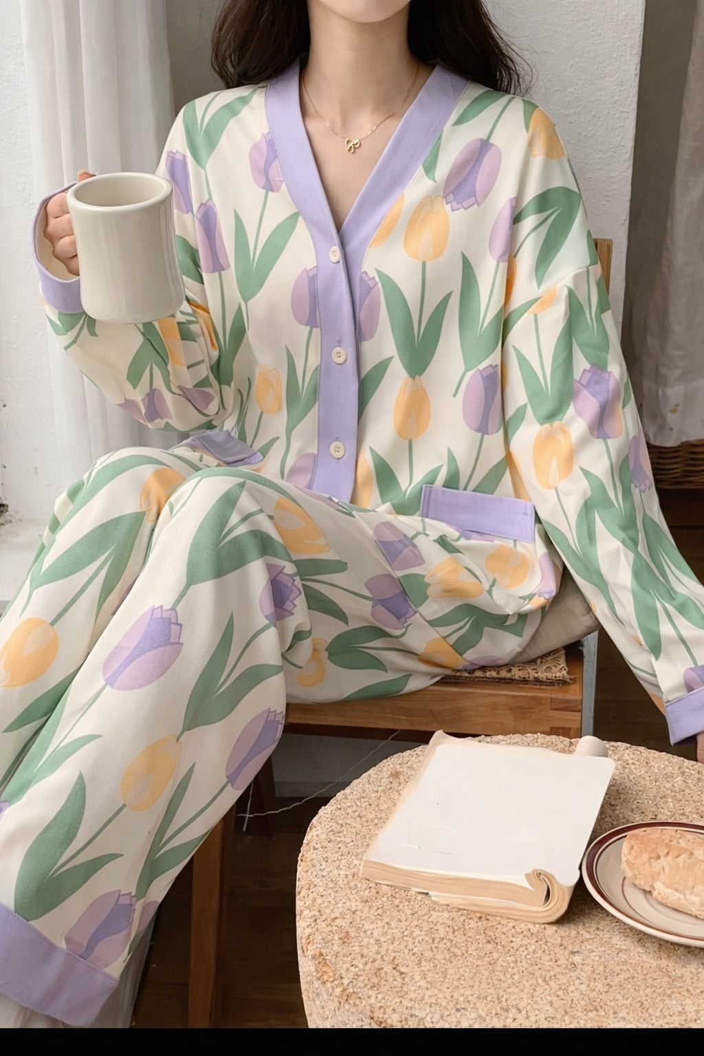 White with Flowers printed Front button Style night suit For her (RX-446)