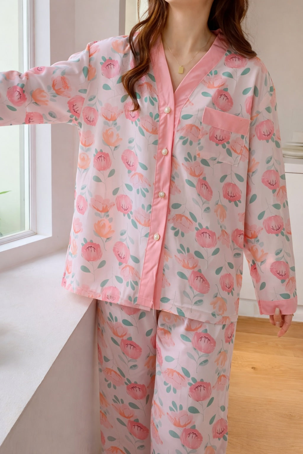 Pink Flowers printed Front button Style night suit For her (RX-447)