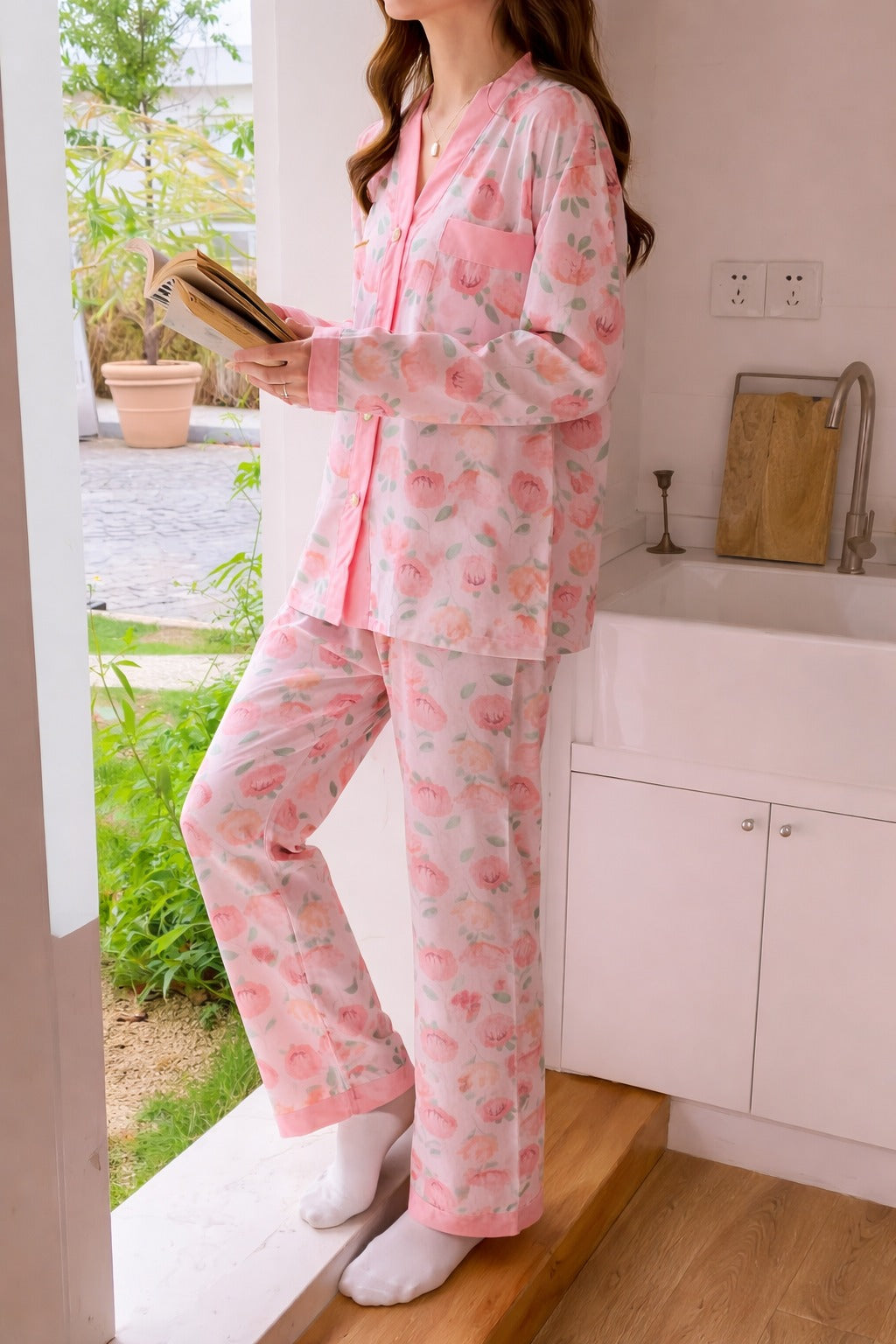 Pink Flowers printed Front button Style night suit For her (RX-447)