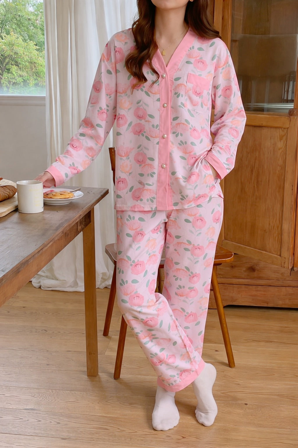 Pink Flowers printed Front button Style night suit For her (RX-447)