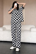 Black and White Check Smile Printed half sleeves night suit for her (RX-451)