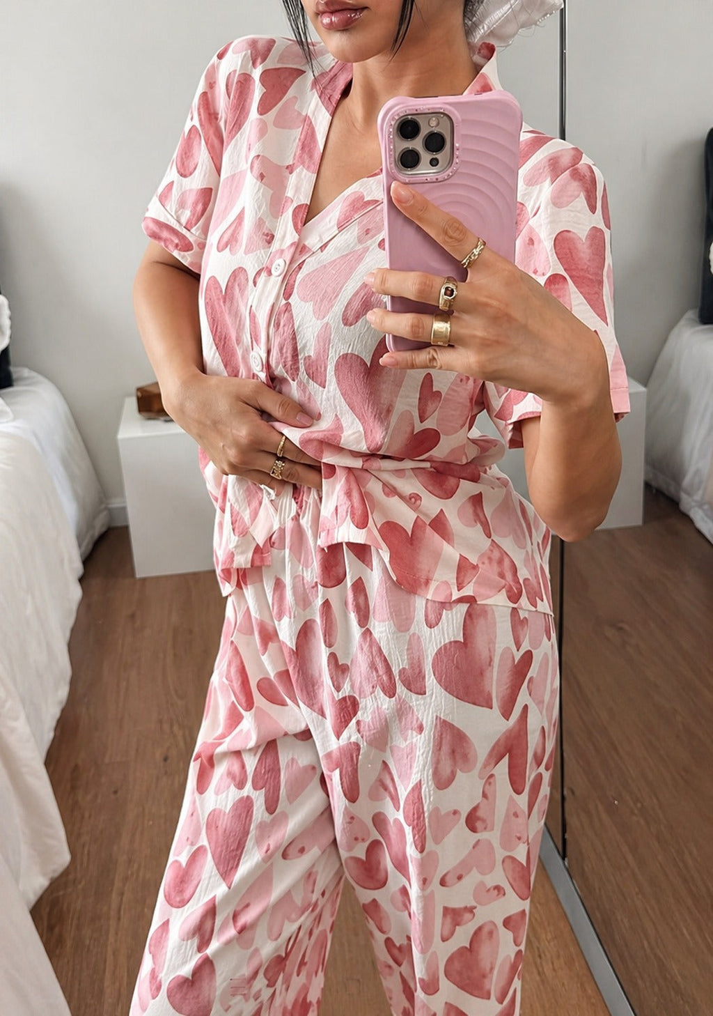 Rose Pink All over Big Hearts Button style night suit For her (RX-452)