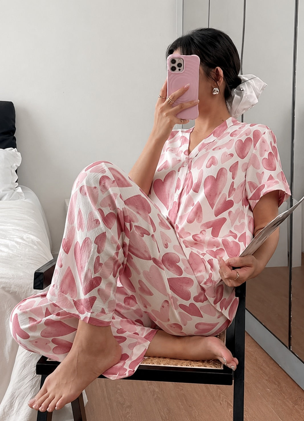 Rose Pink All over Big Hearts Button style night suit For her (RX-452)
