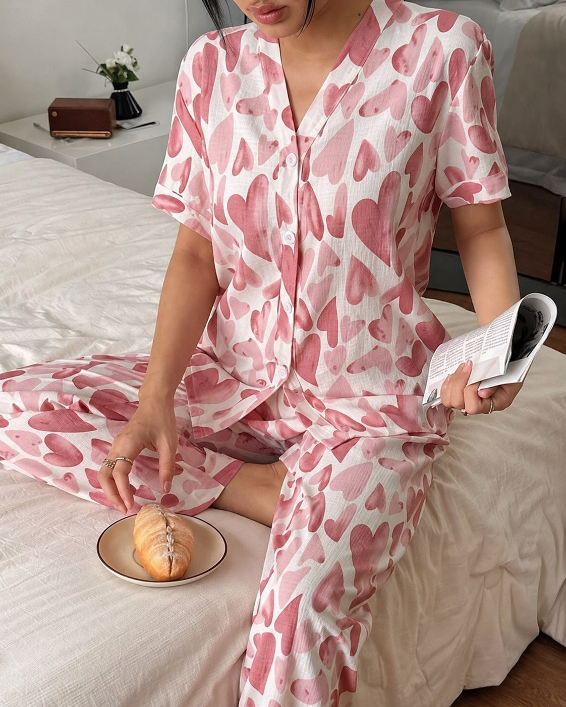 Rose Pink All over Big Hearts Button style night suit For her (RX-452)