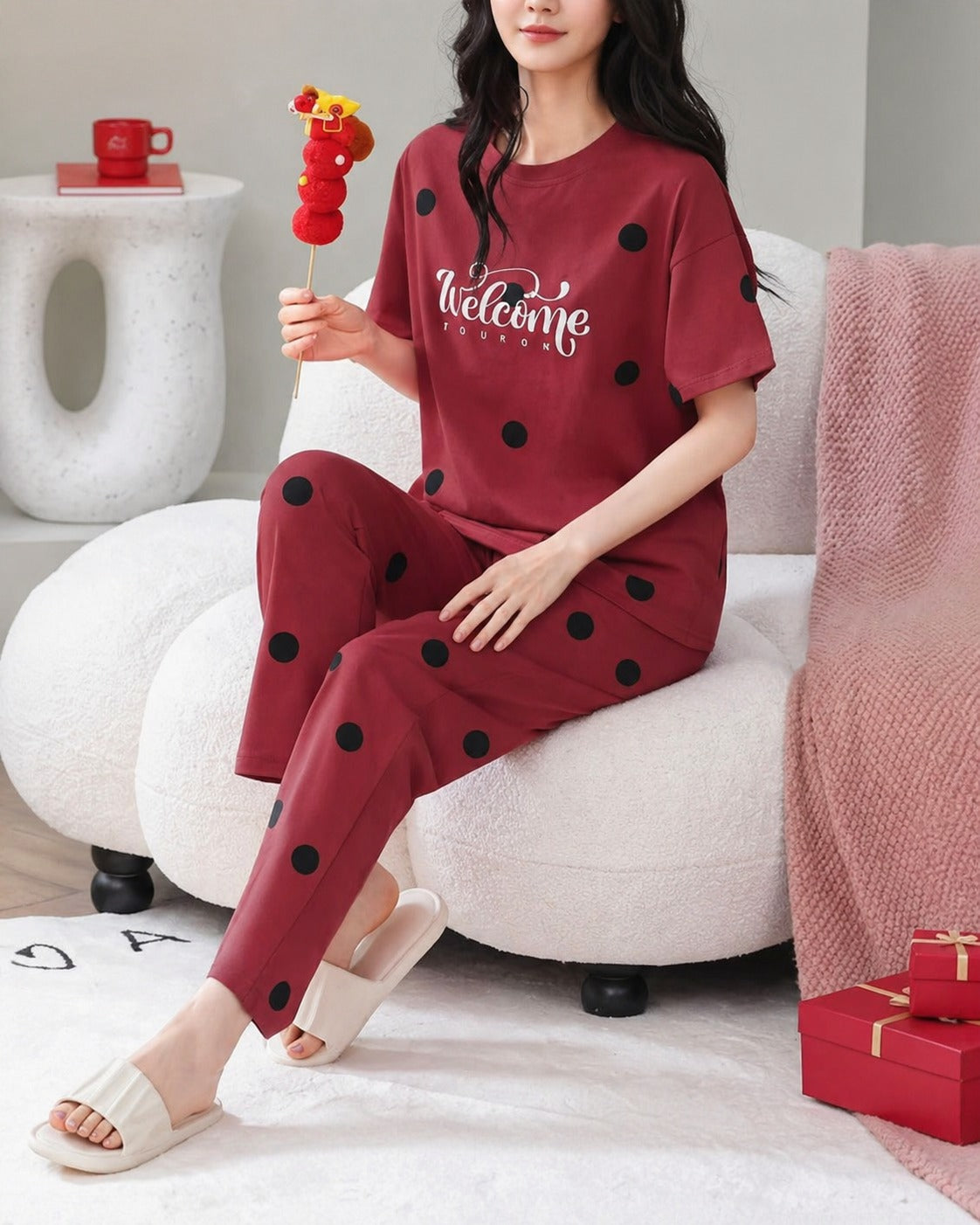 Red Welcome Print Black dotted printed night suit For her (RX-455)