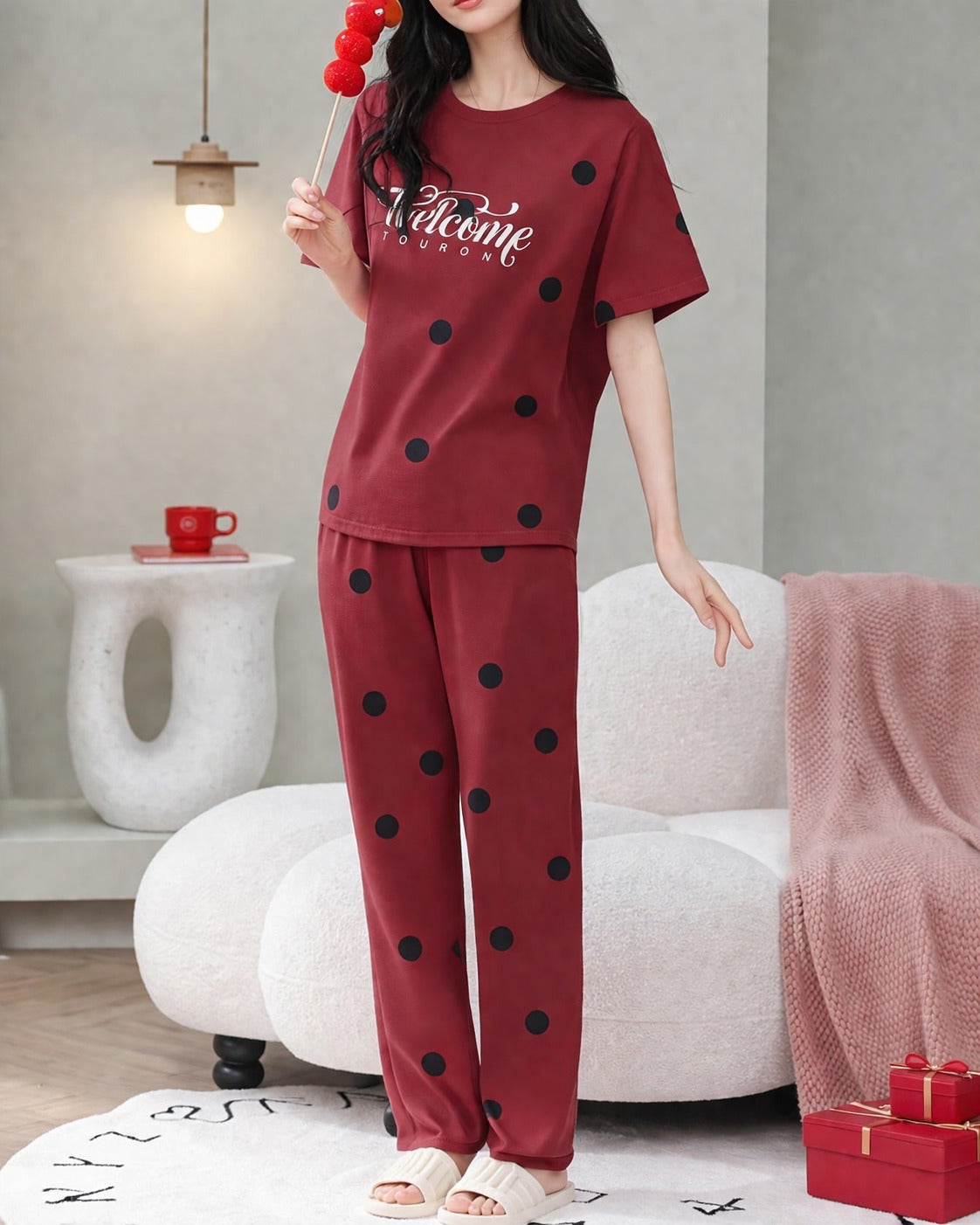 Red Welcome Print Black dotted printed night suit For her (RX-455)