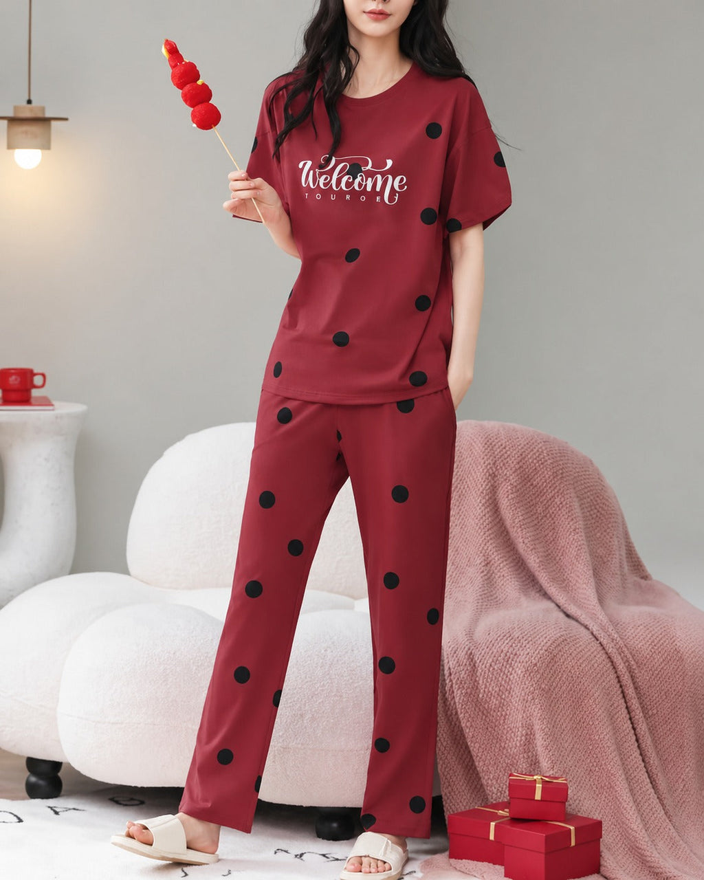 Red Welcome Print Black dotted printed night suit For her (RX-455)