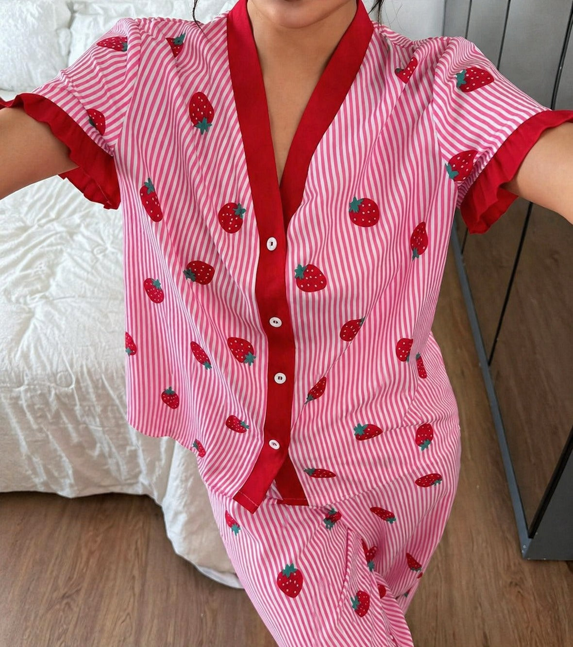 Pink All over Strawberry with pink lining style button Night suit For her (RX-454)