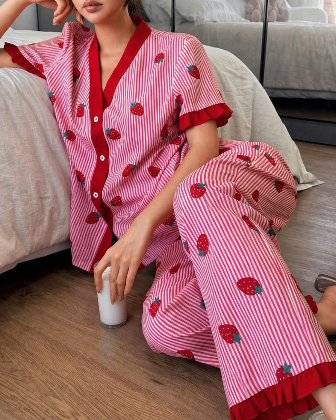 Pink All over Strawberry with pink lining style button Night suit For her (RX-454)