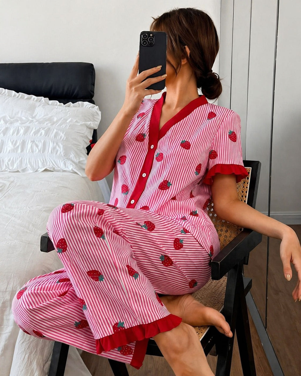 Pink All over Strawberry with pink lining style button Night suit For her (RX-454)