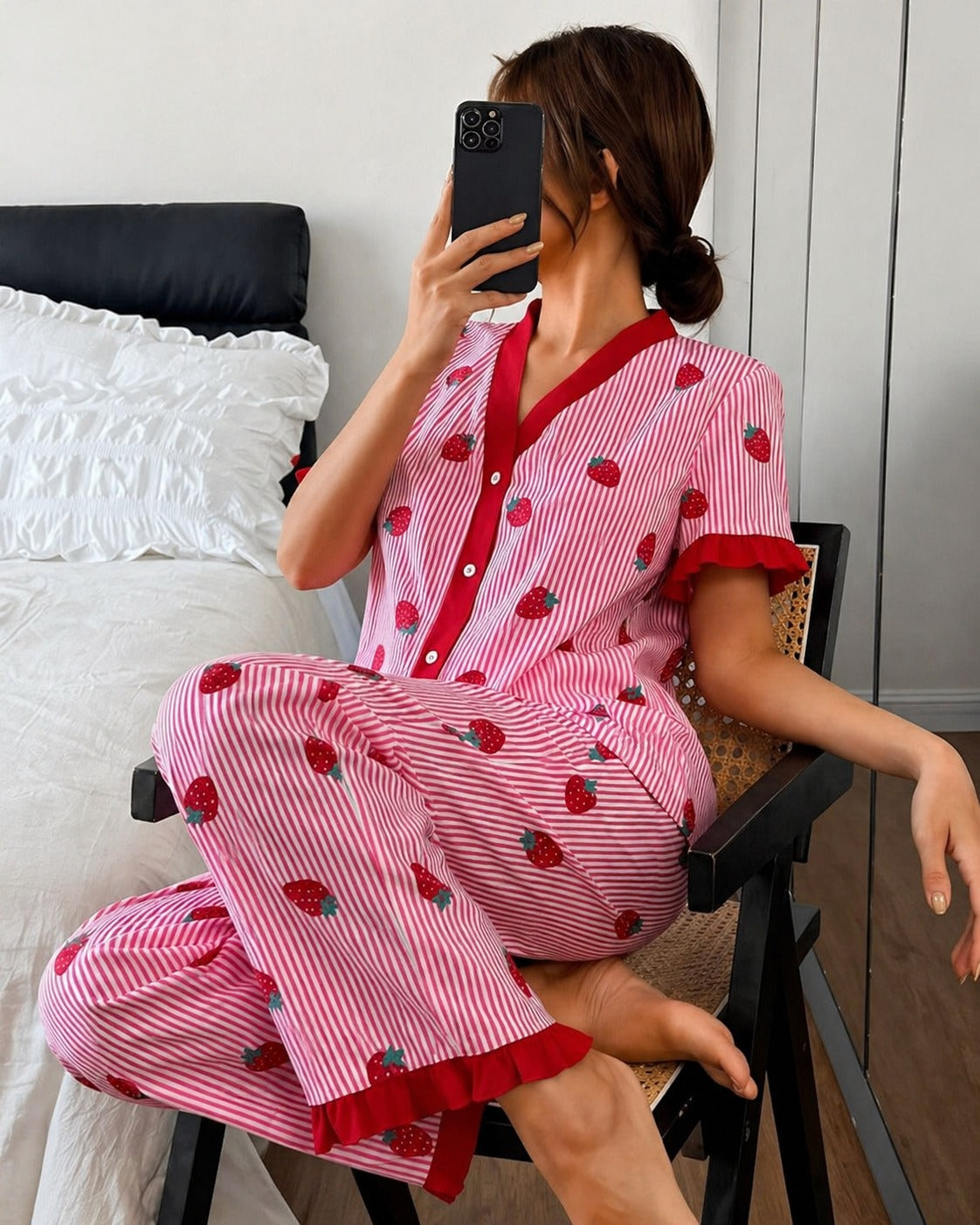 Pink All over Strawberry with pink lining style button Night suit For her (RX-454)
