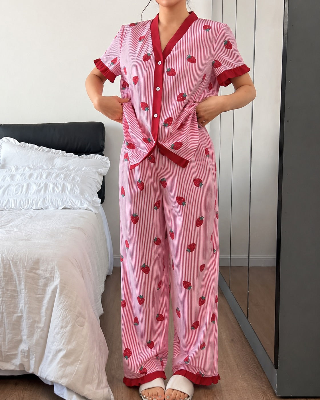 Pink All over Strawberry with pink lining style button Night suit For her (RX-454)
