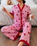 Pink All over Strawberry with pink lining style button Night suit For her (RX-454)