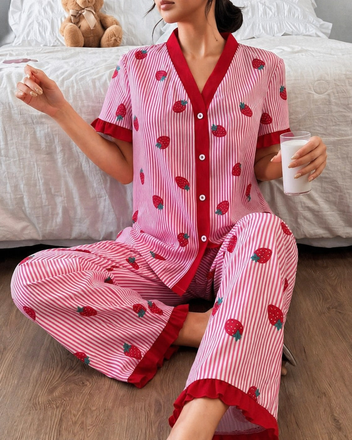 Pink All over Strawberry with pink lining style button Night suit For her (RX-454)