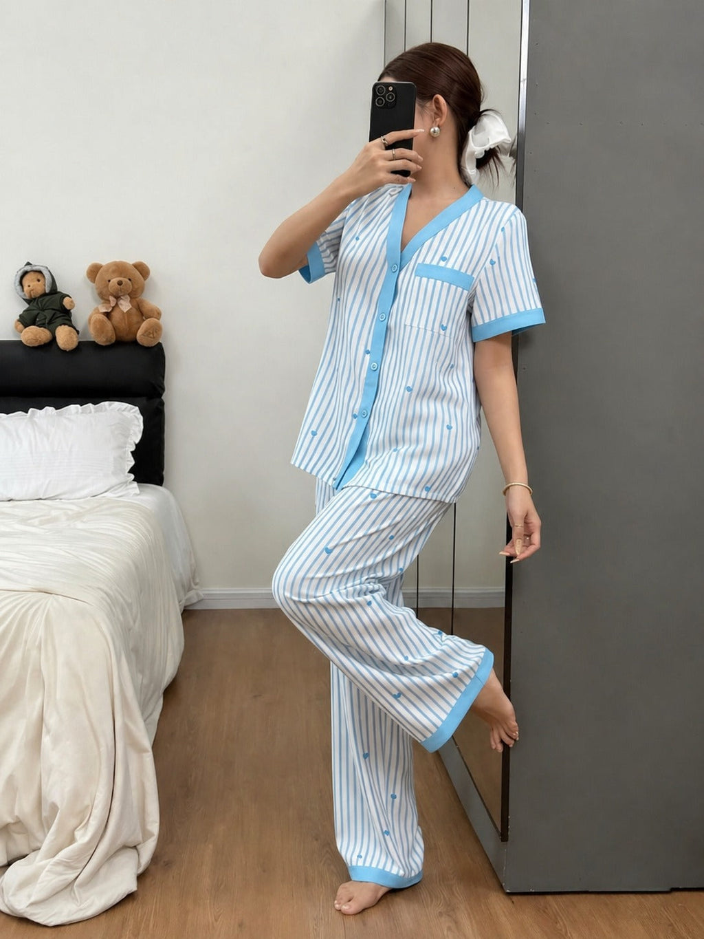 Sky blue All over hearts with Sky blue lining style button Night suit For her (RX-453)