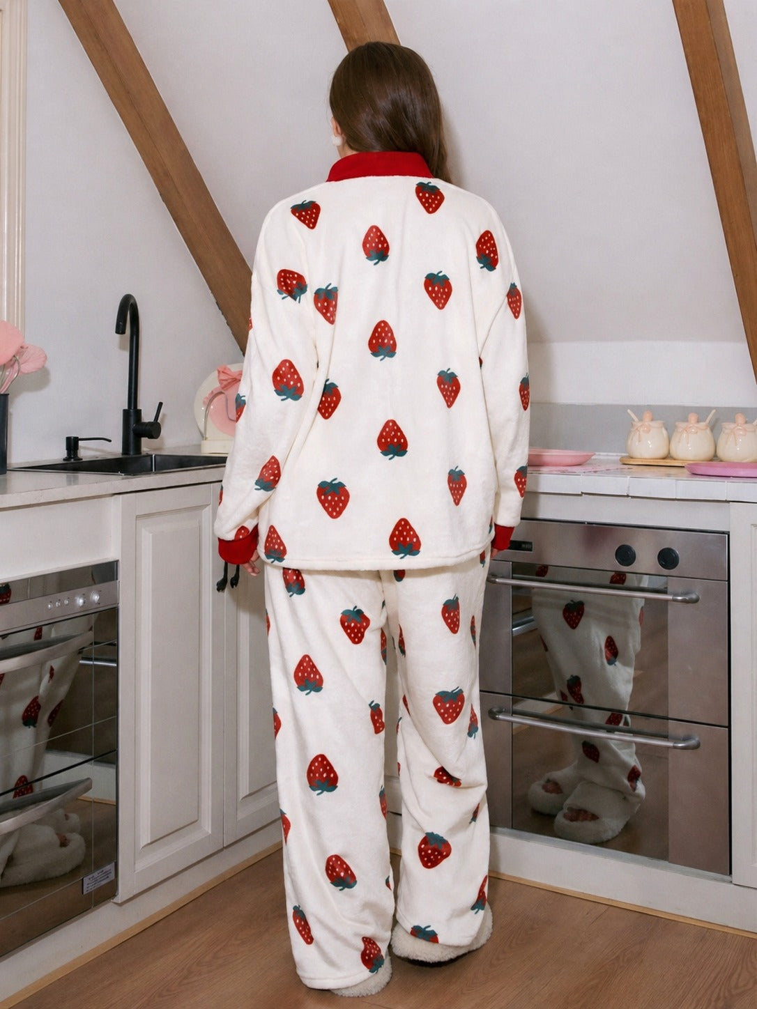 White With Red Strawberries Printed Button Style Night Suit For Her (RX-456)