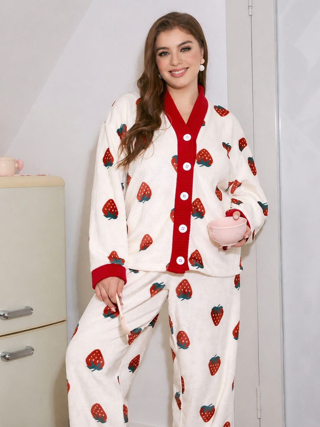 White With Red Strawberries Printed Button Style Night Suit For Her (RX-456)