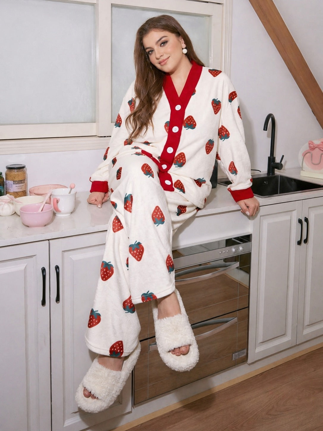White With Red Strawberries Printed Button Style Night Suit For Her (RX-456)