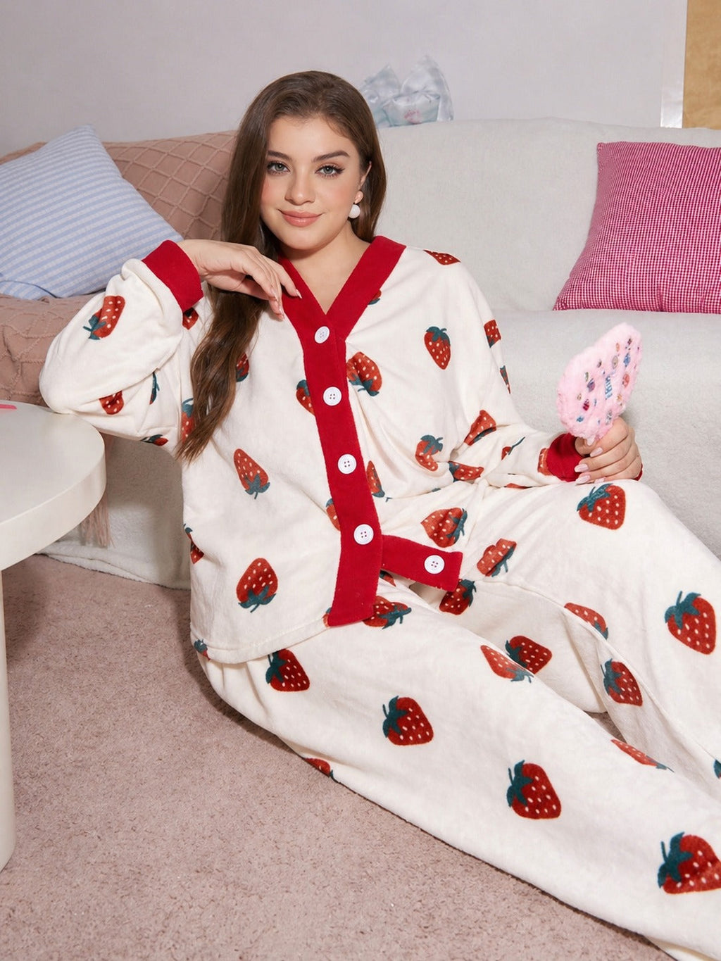 White With Red Strawberries Printed Button Style Night Suit For Her (RX-456)