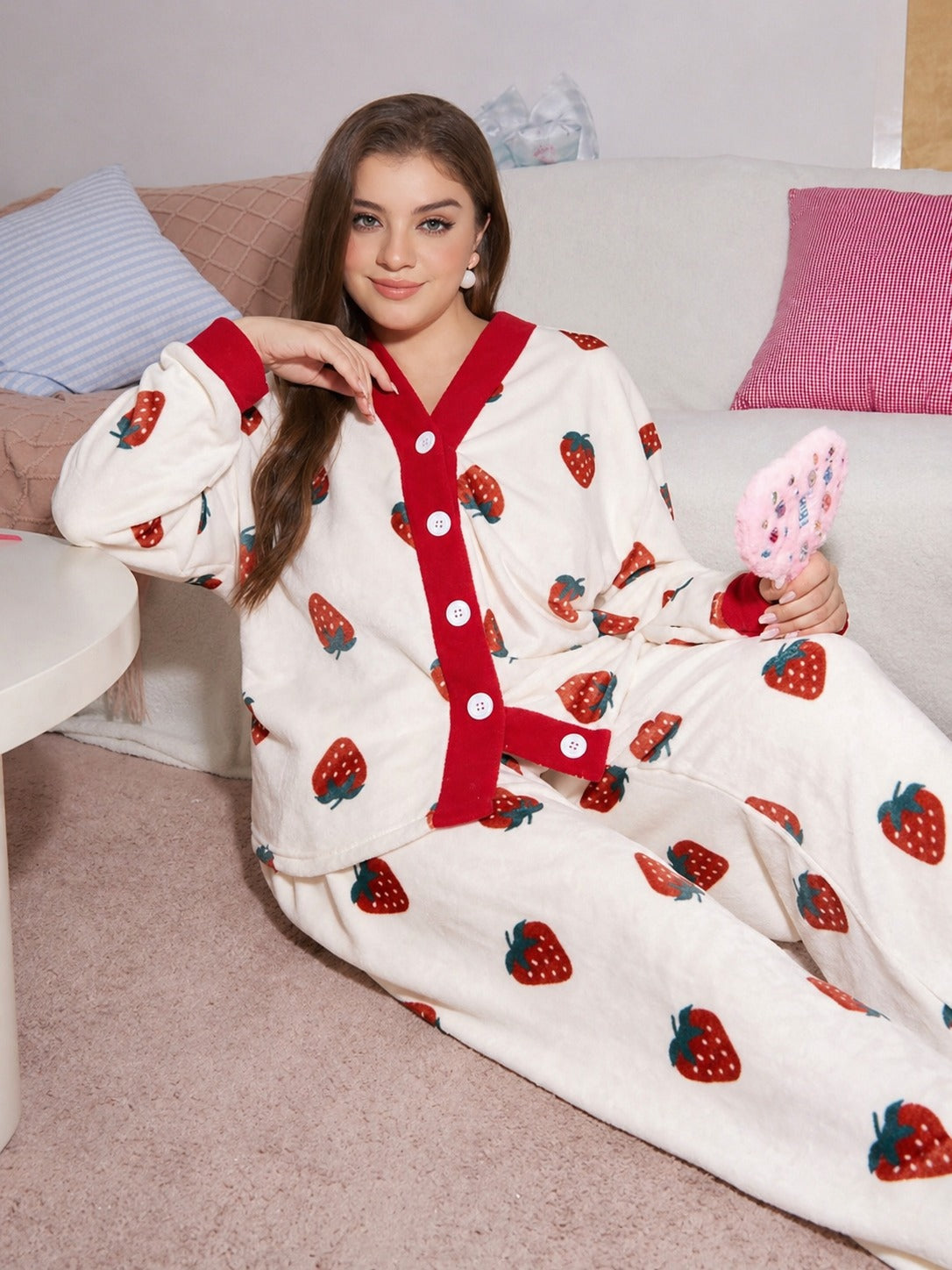 White With Red Strawberries Printed Button Style Night Suit For Her (RX-456)
