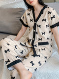 White With Black Bow Printed Button Style Night Suit For Her (RX-457)