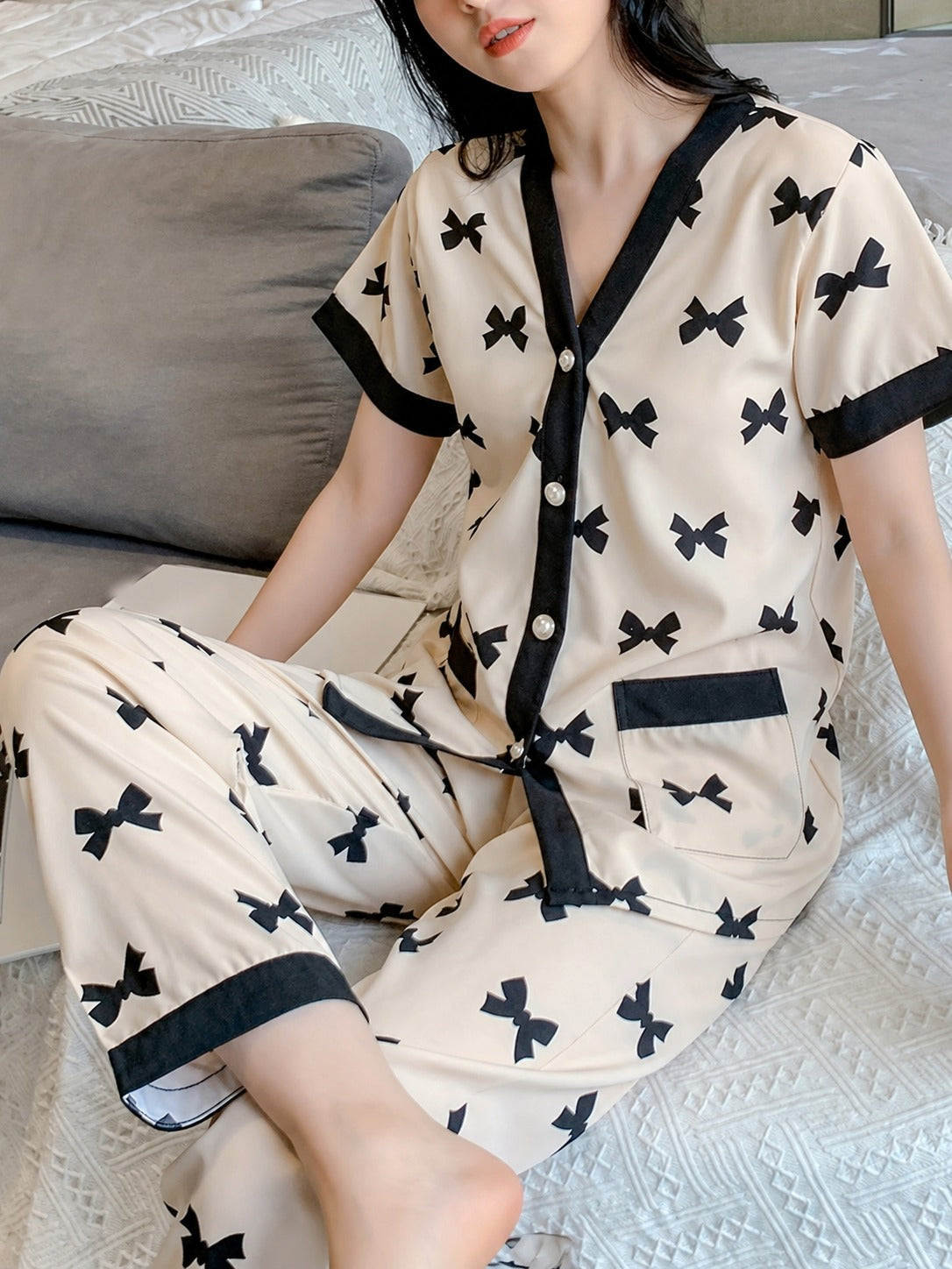 White With Black Bow Printed Button Style Night Suit For Her (RX-457)