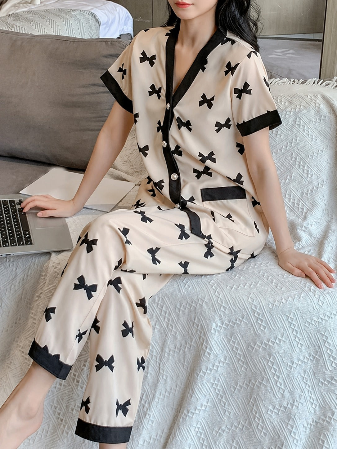 White With Black Bow Printed Button Style Night Suit For Her (RX-457)