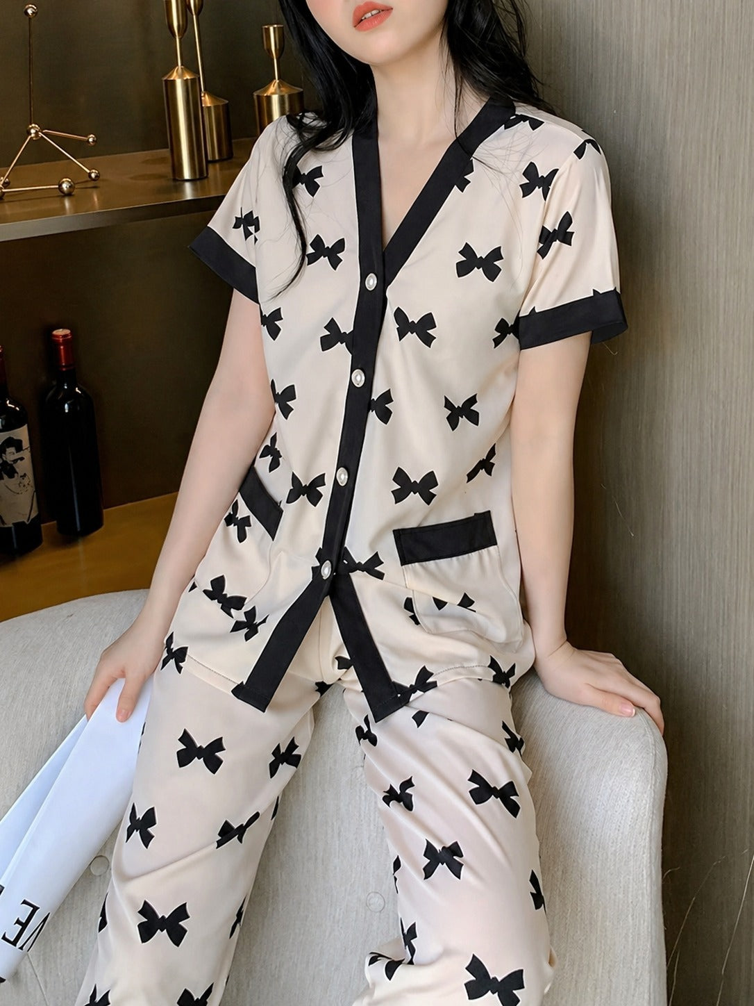 White With Black Bow Printed Button Style Night Suit For Her (RX-457)