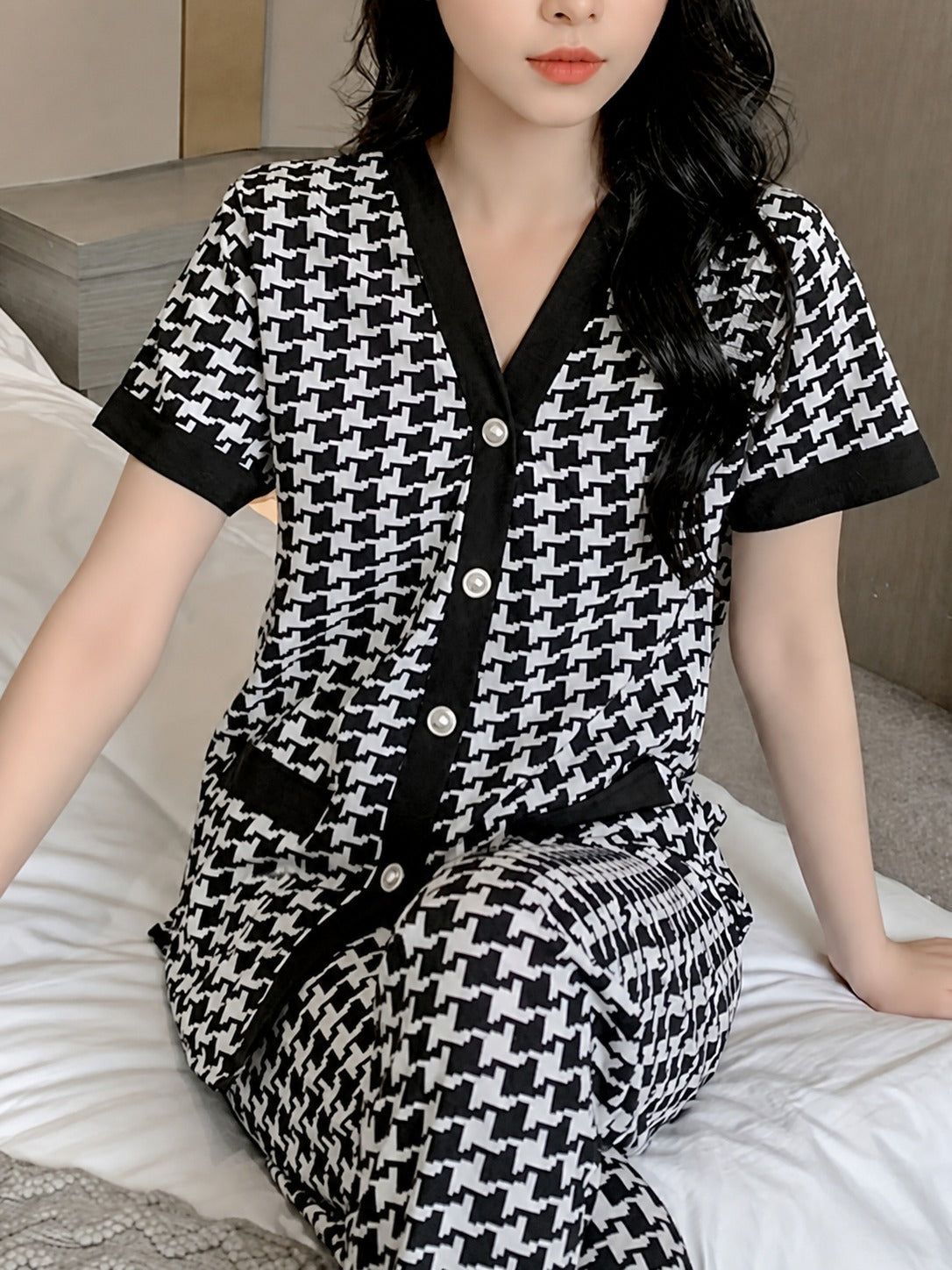 Black And White Small Check Printed Half Sleeves Button Style Night Suit For Her (RX-459)