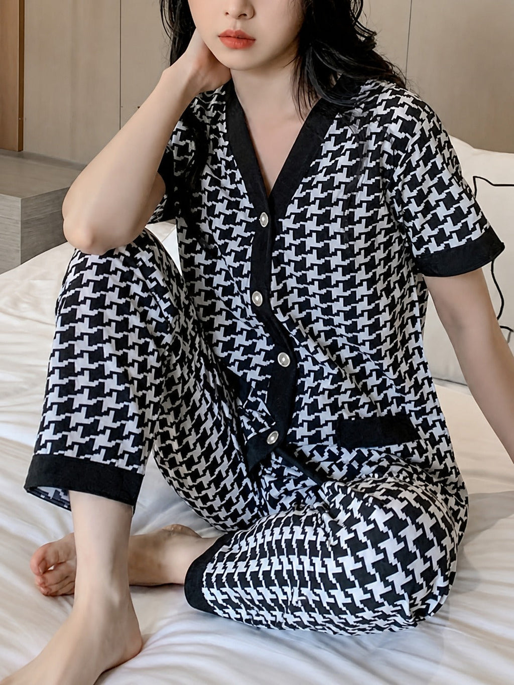 Black And White Small Check Printed Half Sleeves Button Style Night Suit For Her (RX-459)