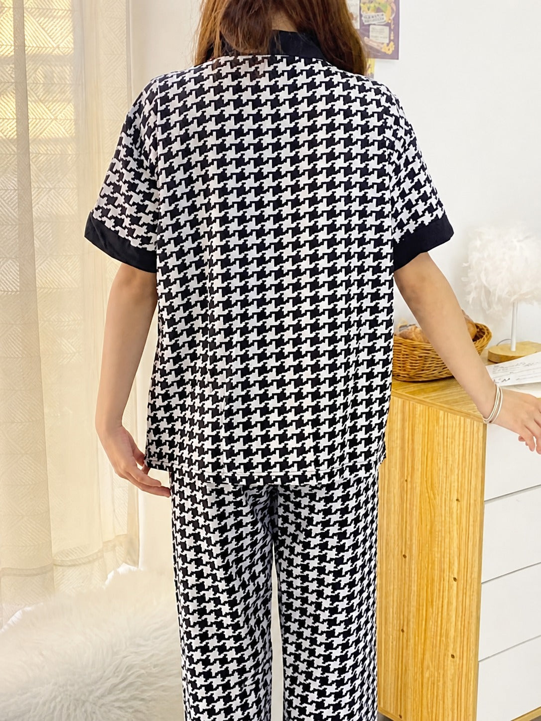 Black And White Small Check Printed Half Sleeves Button Style Night Suit For Her (RX-459)