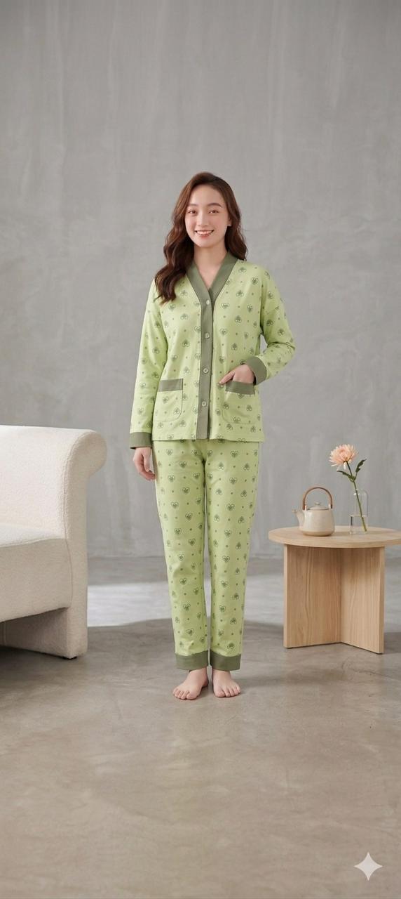 Green All Over Hearts Printed Button Style Night Suit For Her (RX-470)
