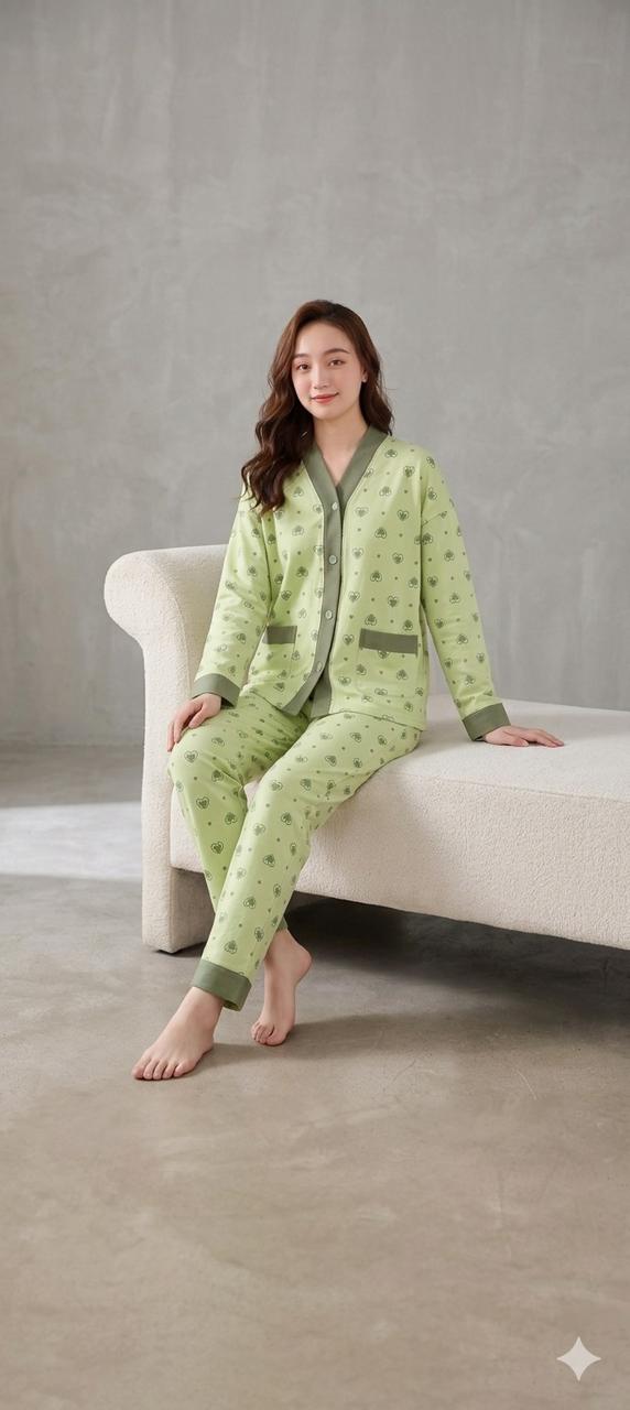 Green All Over Hearts Printed Button Style Night Suit For Her (RX-470)