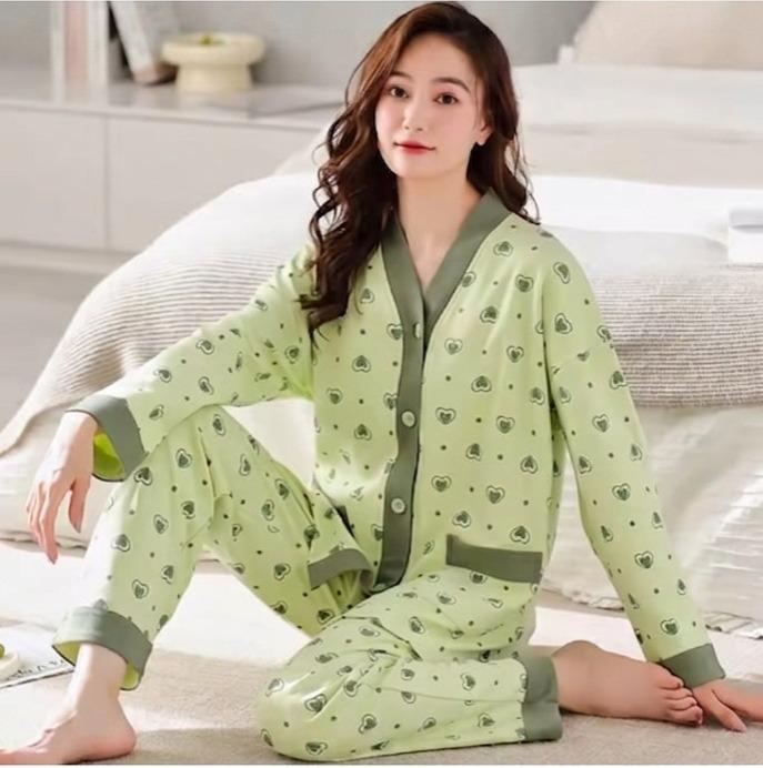 Green All Over Hearts Printed Button Style Night Suit For Her (RX-470)