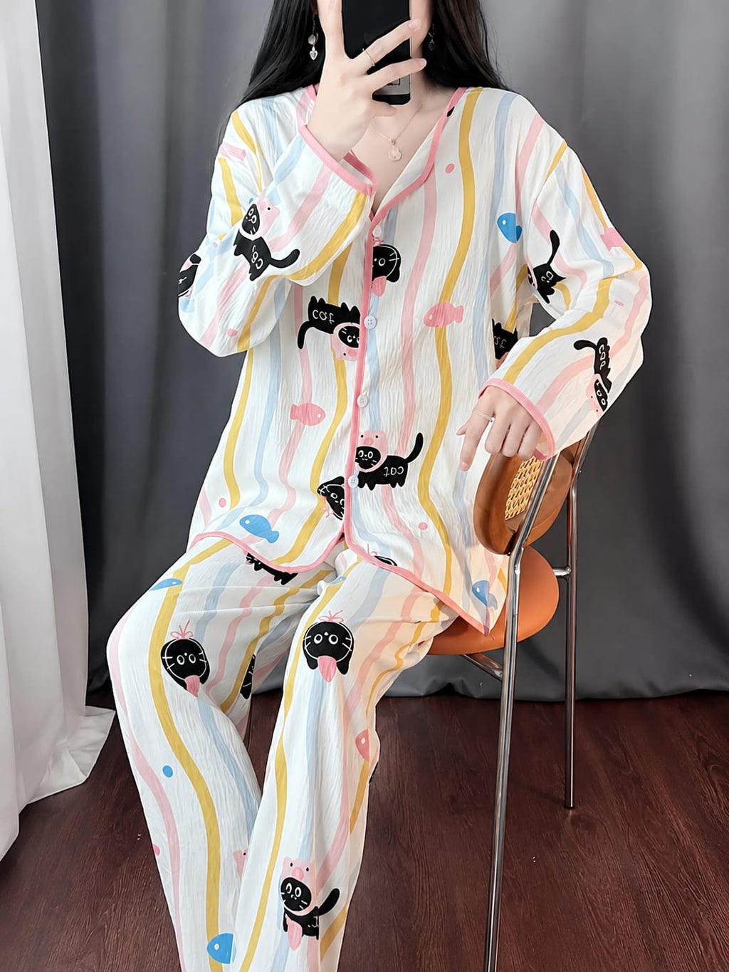 Off white All over Kitty Printed button style night suit For Her (RX-474)