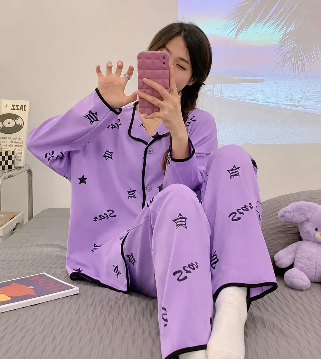 Purple All over Stars Printed button style Night Suit (RX-475)