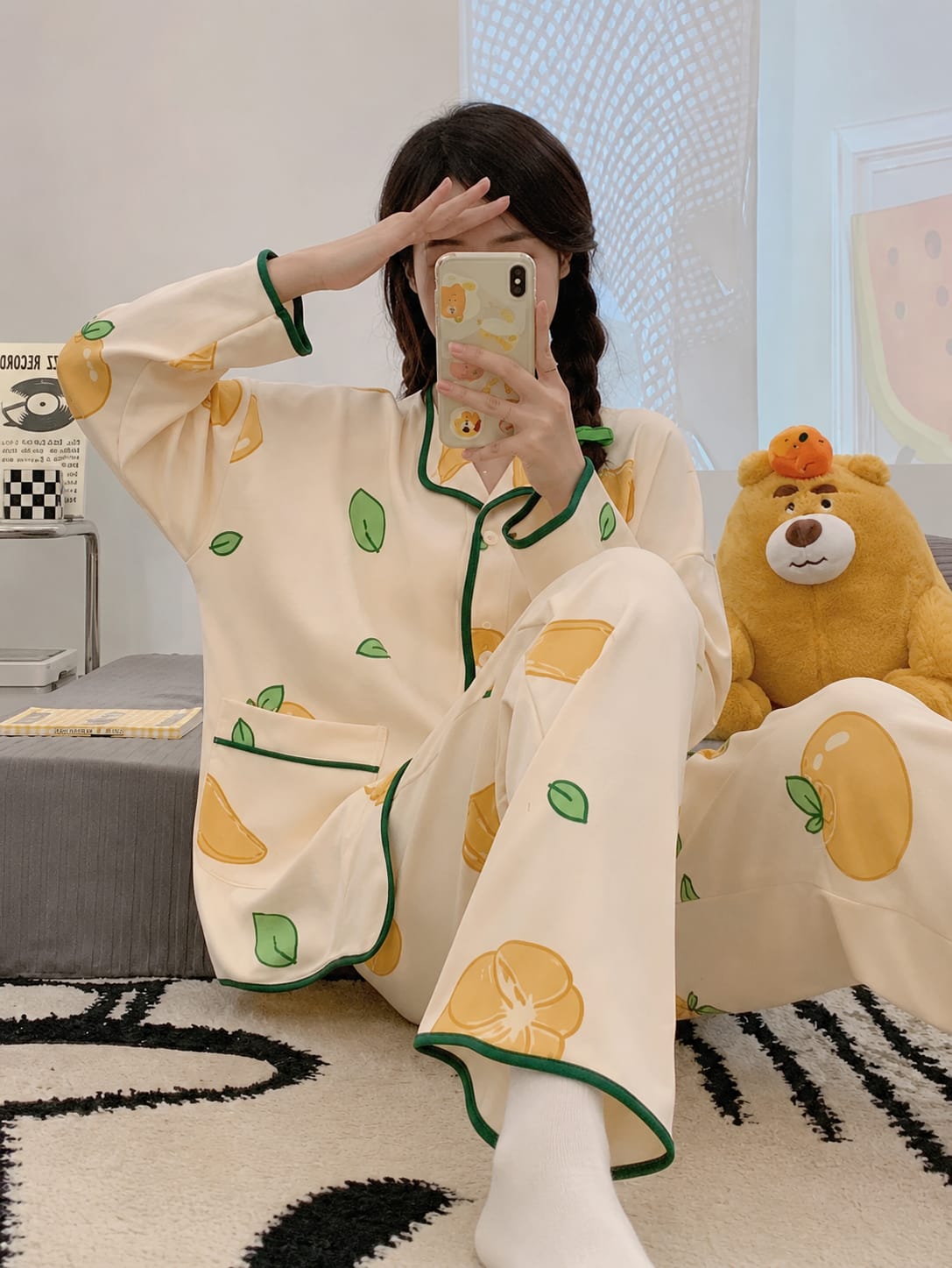 off white Leaves and Lemon Printed button style night suit For her (RX-472)