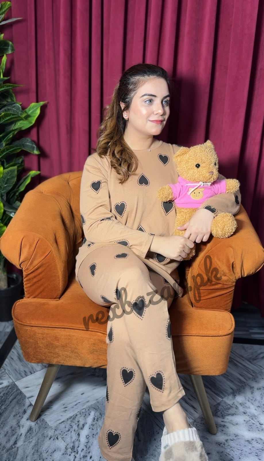 Brown with black hearts Printed Night wear (RX-260)
